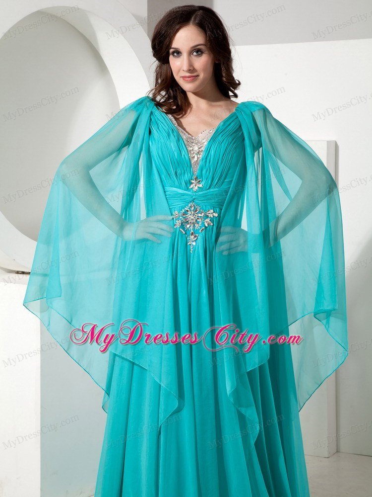 V-neck Court Train Chiffon Beading Prom Dress with Long Sleeves