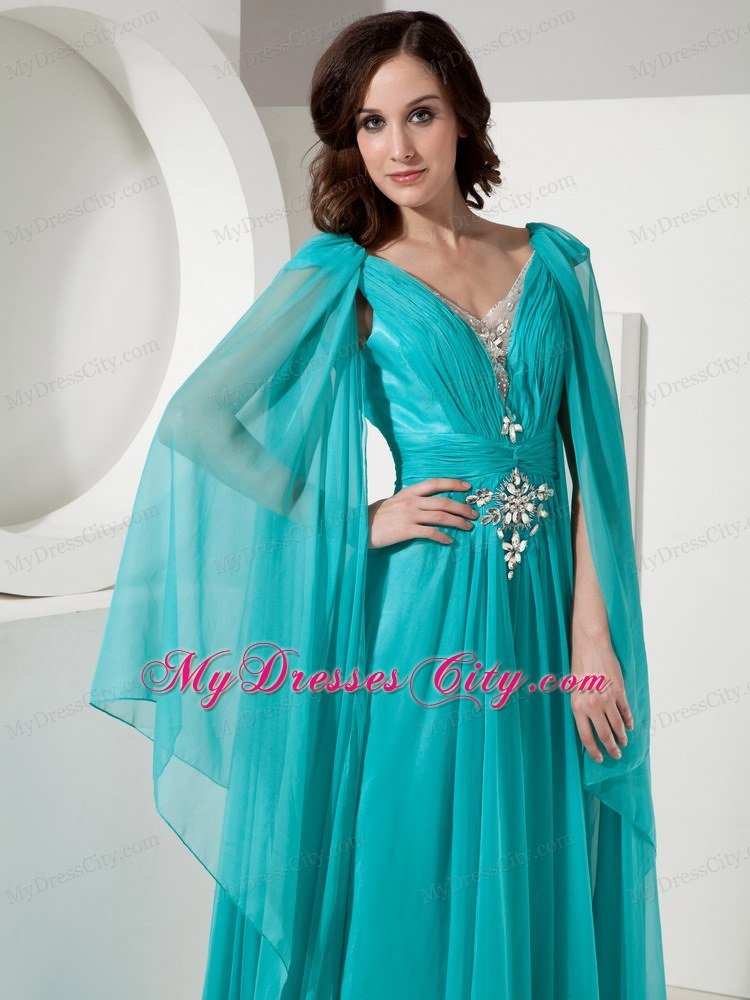 V-neck Court Train Chiffon Beading Prom Dress with Long Sleeves