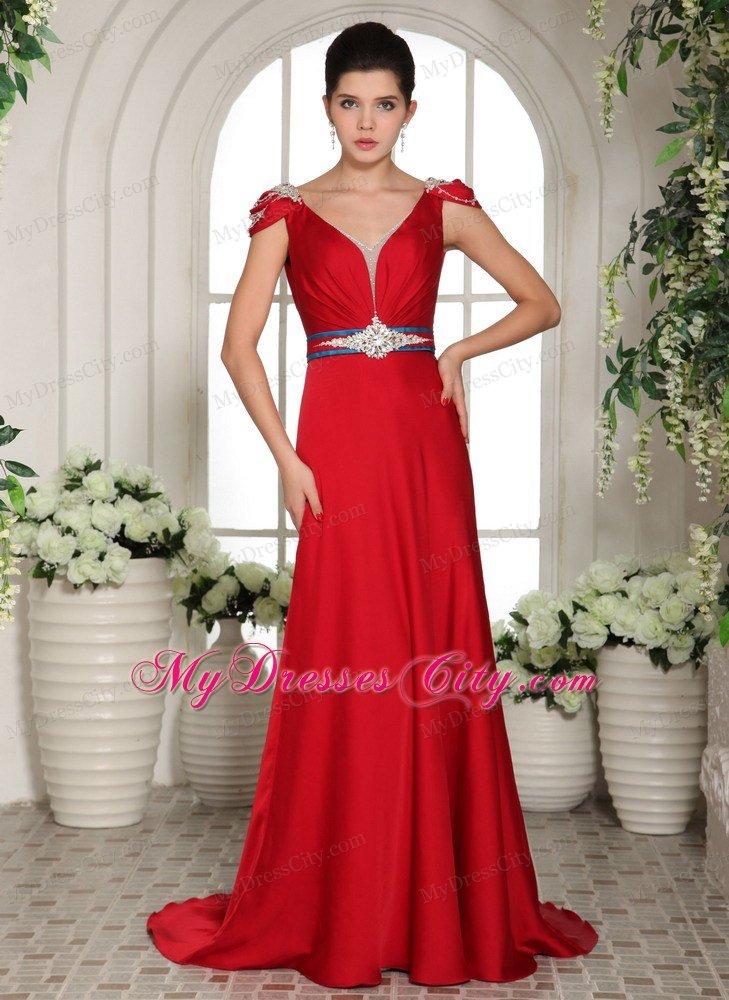 Red V-neck Beading Prom Evening Gowns With Cap Sleeves