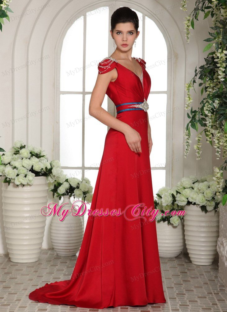 Red V-neck Beading Prom Evening Gowns With Cap Sleeves