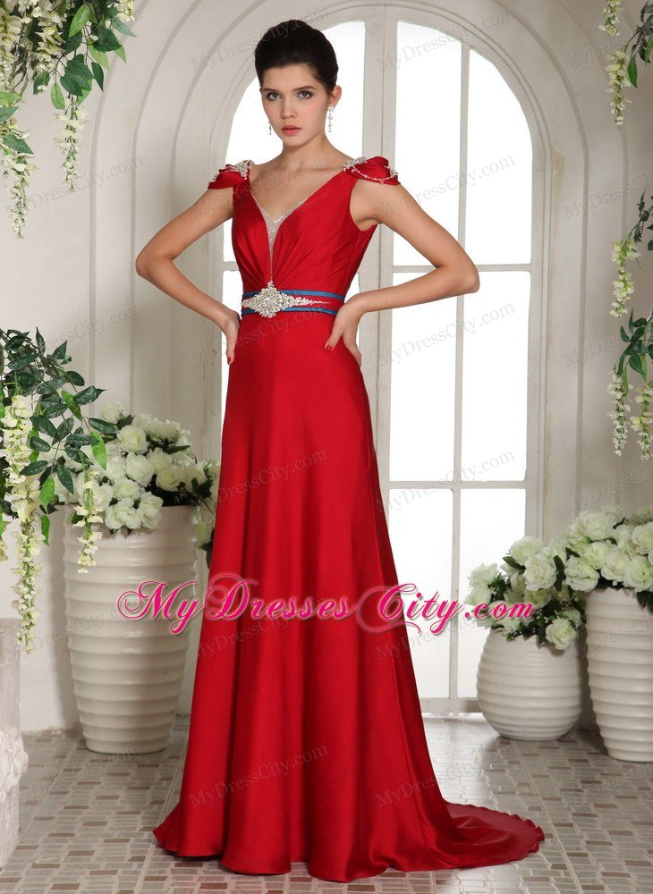 Red V-neck Beading Prom Evening Gowns With Cap Sleeves