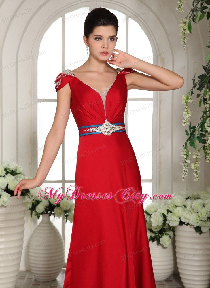 Red V-neck Beading Prom Evening Gowns With Cap Sleeves