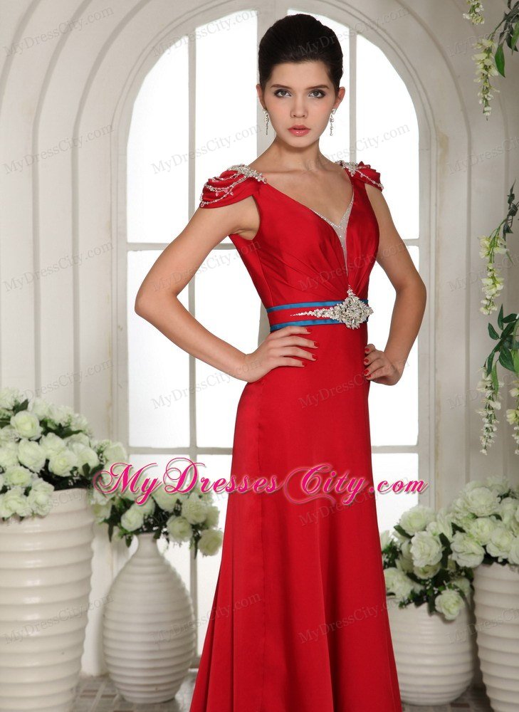 Red V-neck Beading Prom Evening Gowns With Cap Sleeves