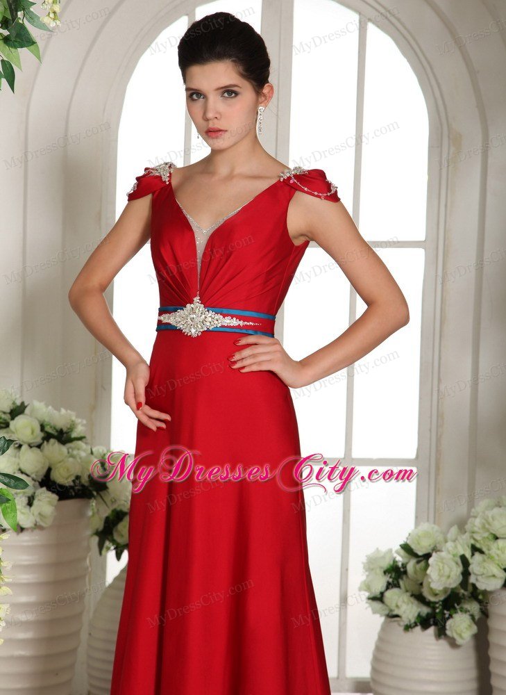 Red V-neck Beading Prom Evening Gowns With Cap Sleeves