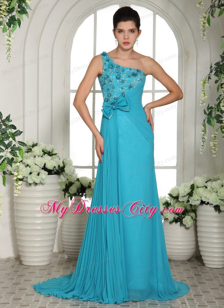 2013 Baby Blue Appliques Prom Gowns With One Shoulder