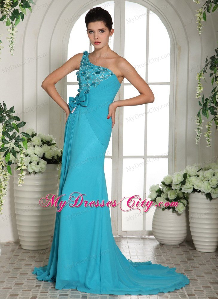 2013 Baby Blue Appliques Prom Gowns With One Shoulder