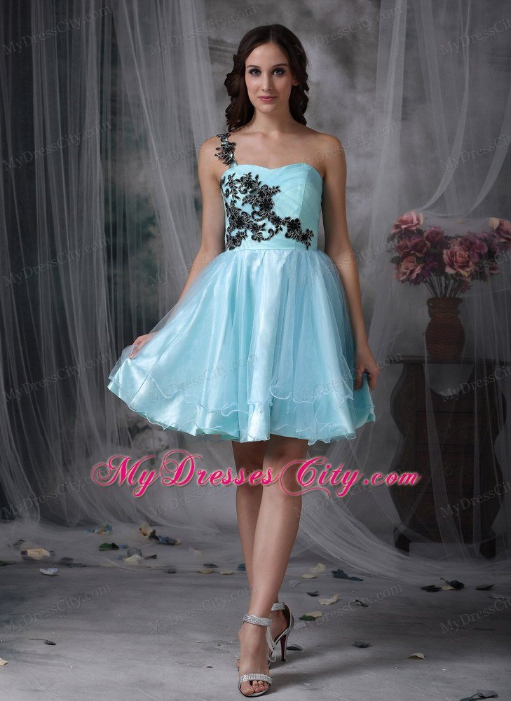 Aqua Blue Mini-length Appliques Prom Dress with One Shoulder