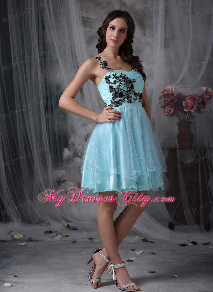 Aqua Blue Mini-length Appliques Prom Dress with One Shoulder