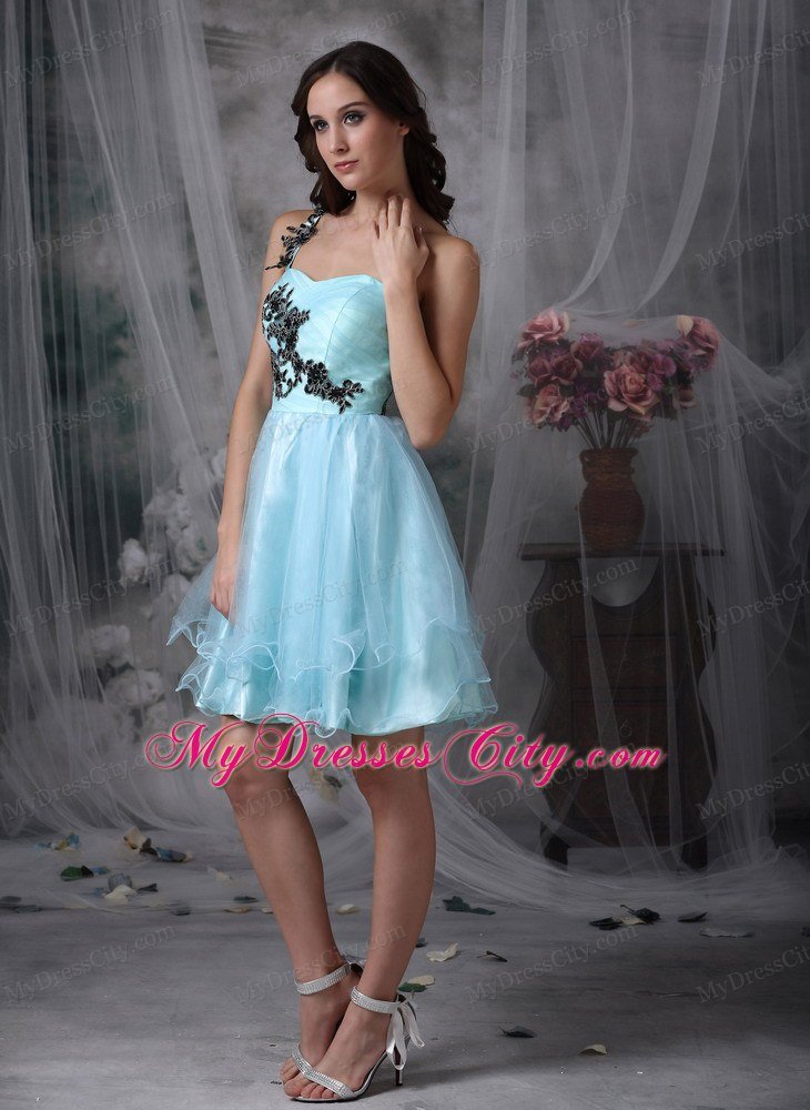 Aqua Blue Mini-length Appliques Prom Dress with One Shoulder