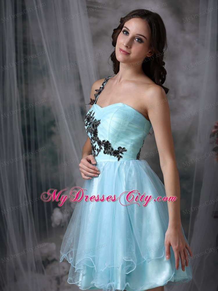 Aqua Blue Mini-length Appliques Prom Dress with One Shoulder