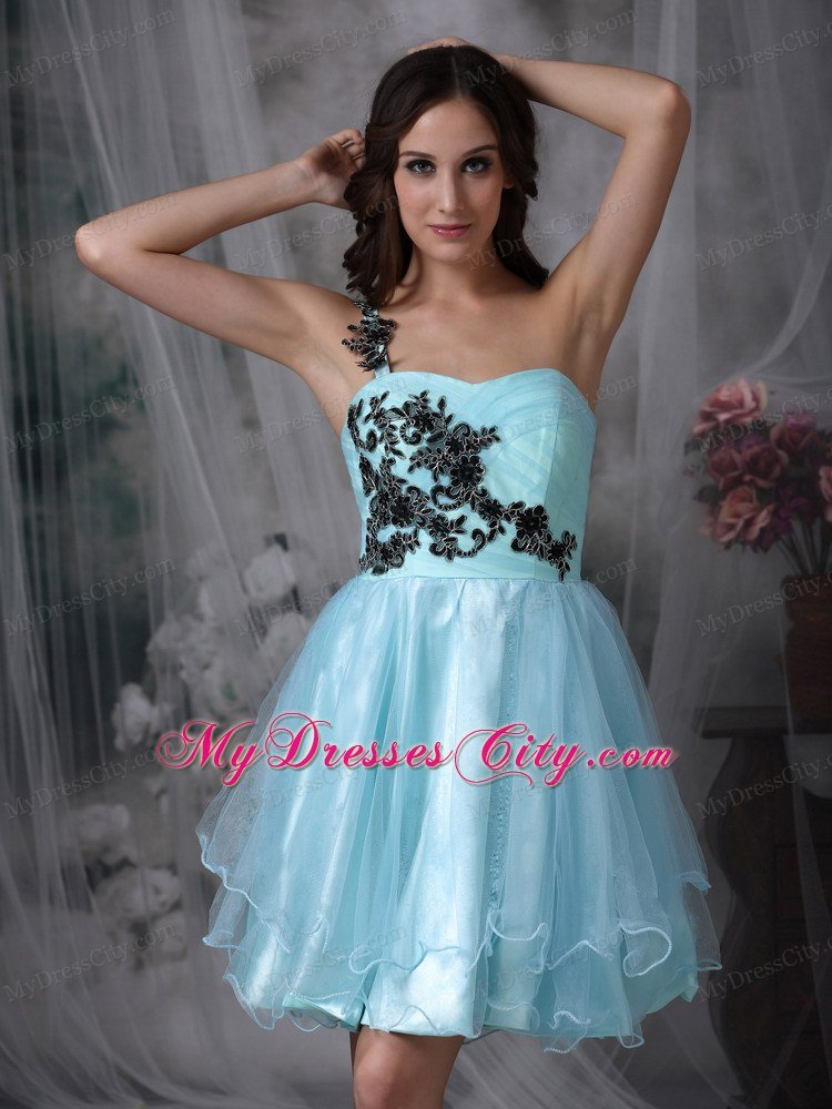 Aqua Blue Mini-length Appliques Prom Dress with One Shoulder