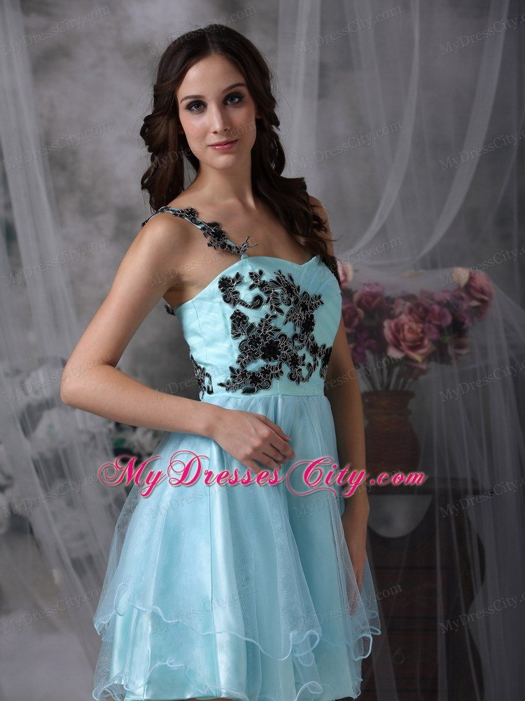 Aqua Blue Mini-length Appliques Prom Dress with One Shoulder