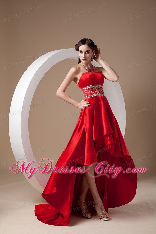 High-low Red A-line Beading Prom Dress with Elastic Wove Satin