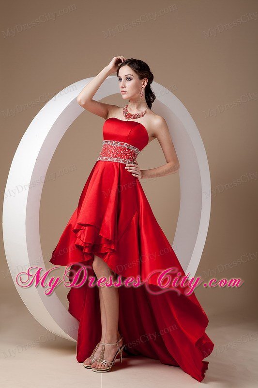 High-low Red A-line Beading Prom Dress with Elastic Wove Satin