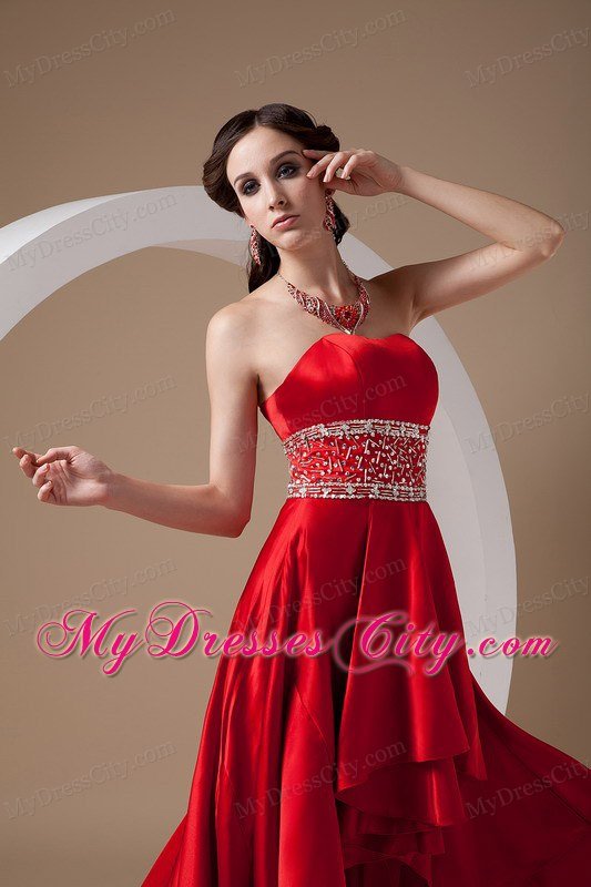 High-low Red A-line Beading Prom Dress with Elastic Wove Satin