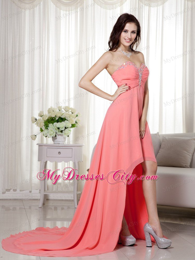 Empire Watermelon High-low Chiffon Beading Prom Dress