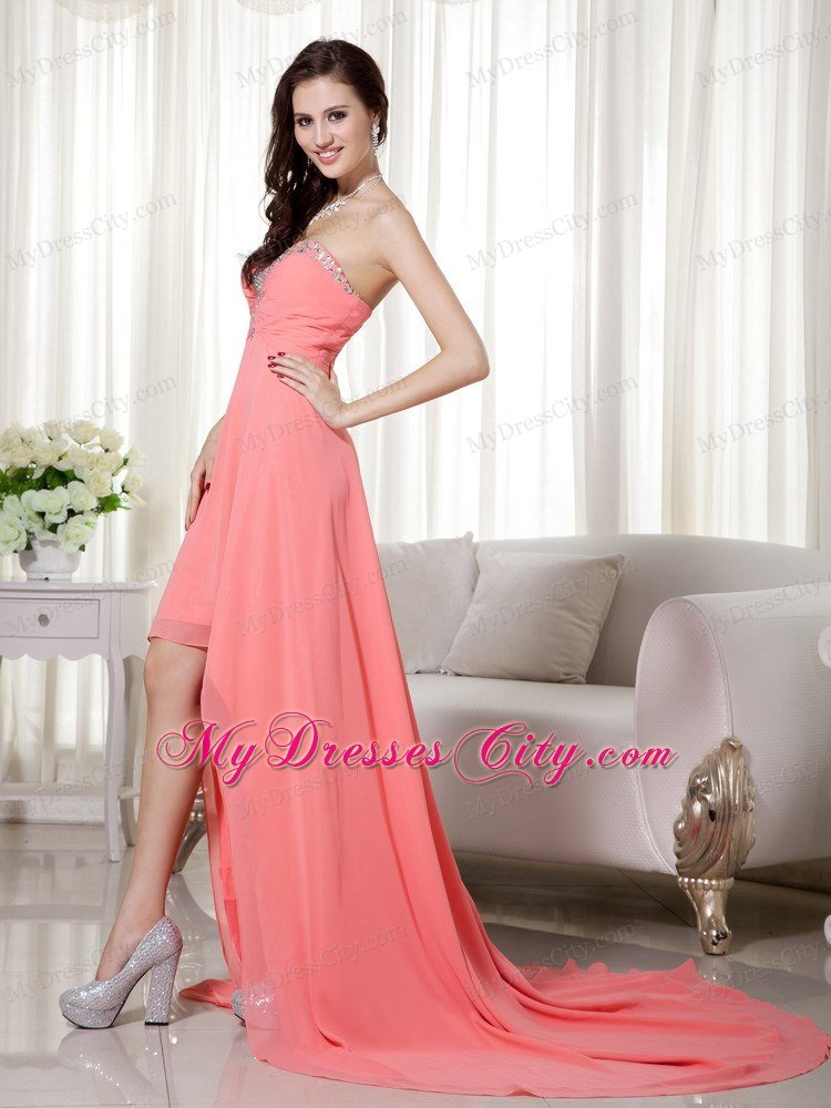 Empire Watermelon High-low Chiffon Beading Prom Dress