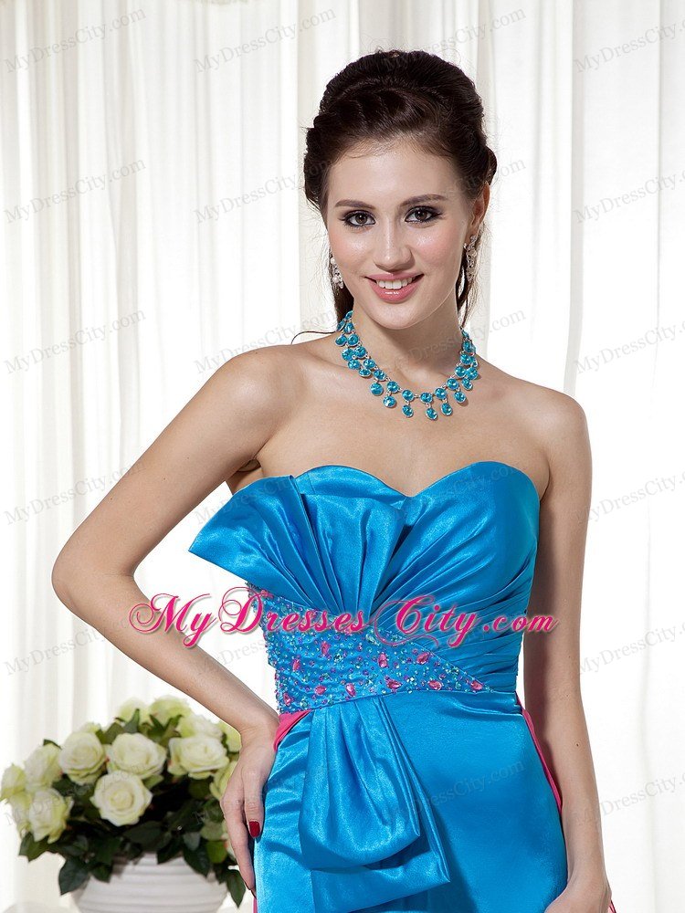 Teal and Hot Pink Elastic Woven Satin Beaded Prom Gown