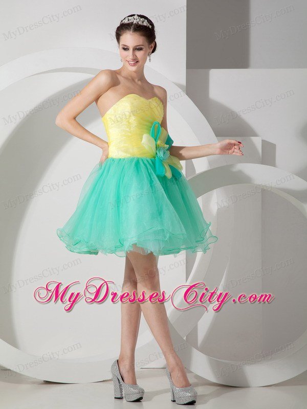 Apple Green and Yellow A-line Short Flowers Dress for Prom