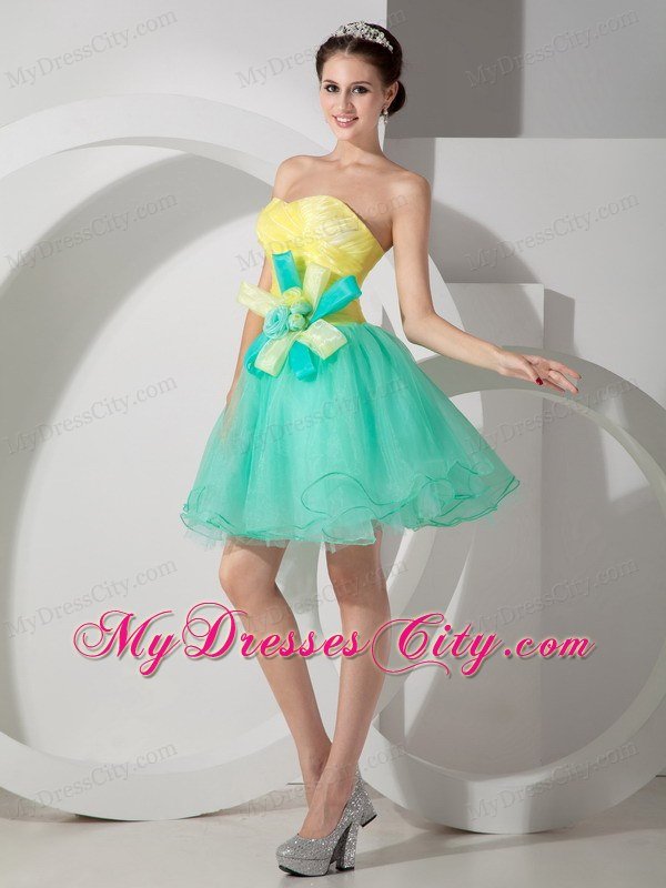 Apple Green and Yellow A-line Short Flowers Dress for Prom