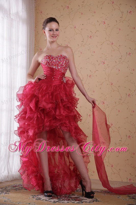 High Low Style Dropped Beading Tiered Prom Dress in Red