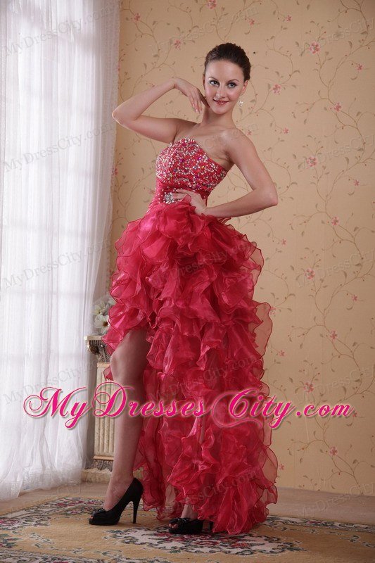 High Low Style Dropped Beading Tiered Prom Dress in Red