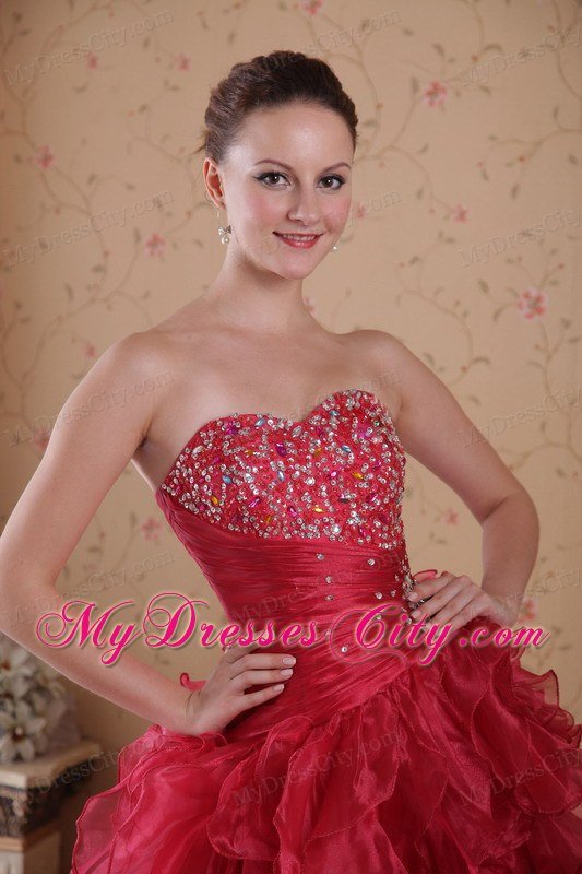 High Low Style Dropped Beading Tiered Prom Dress in Red