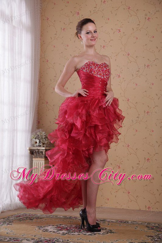 High Low Style Dropped Beading Tiered Prom Dress in Red