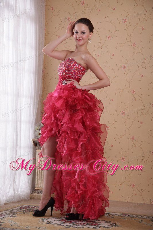 High Low Style Dropped Beading Tiered Prom Dress in Red