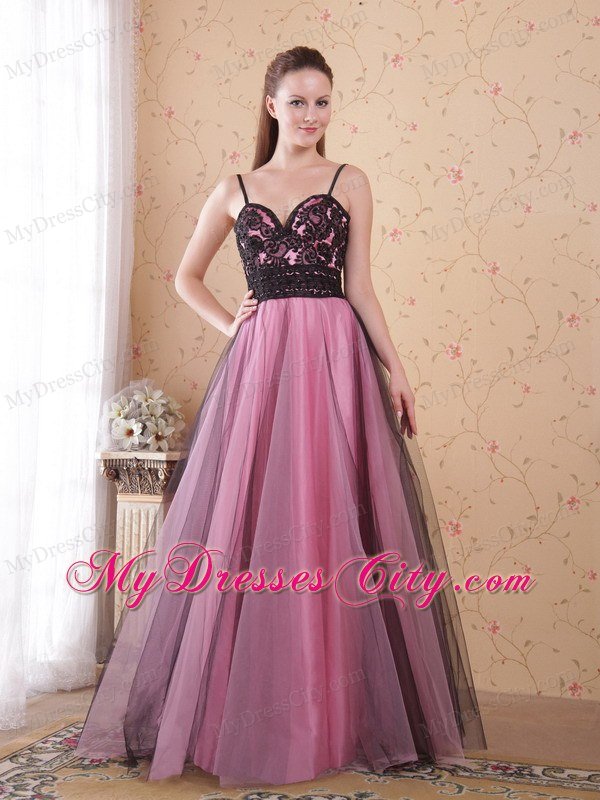 Rose Pink A-Line Spaghetti Straps Zipper Tulle Lace Prom Dress