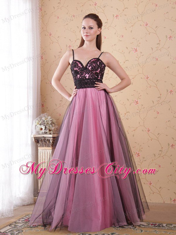 Rose Pink A-Line Spaghetti Straps Zipper Tulle Lace Prom Dress