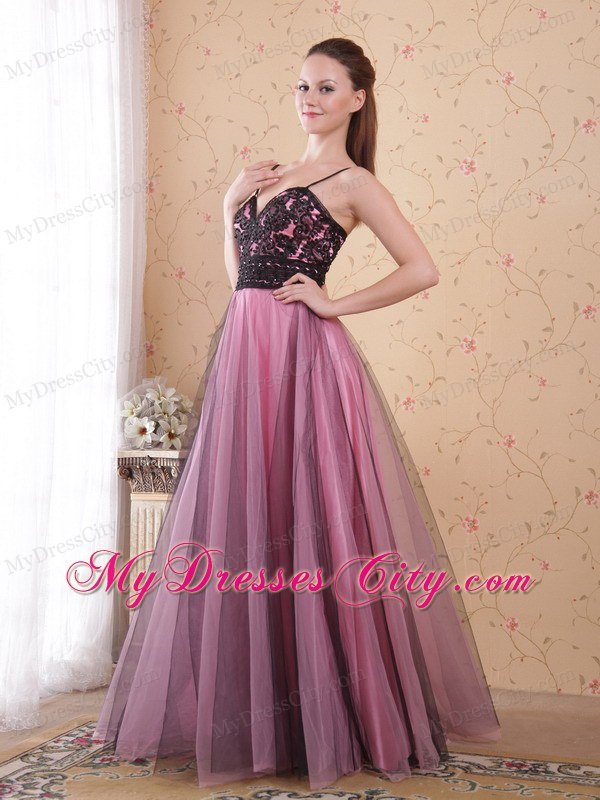 Rose Pink A-Line Spaghetti Straps Zipper Tulle Lace Prom Dress