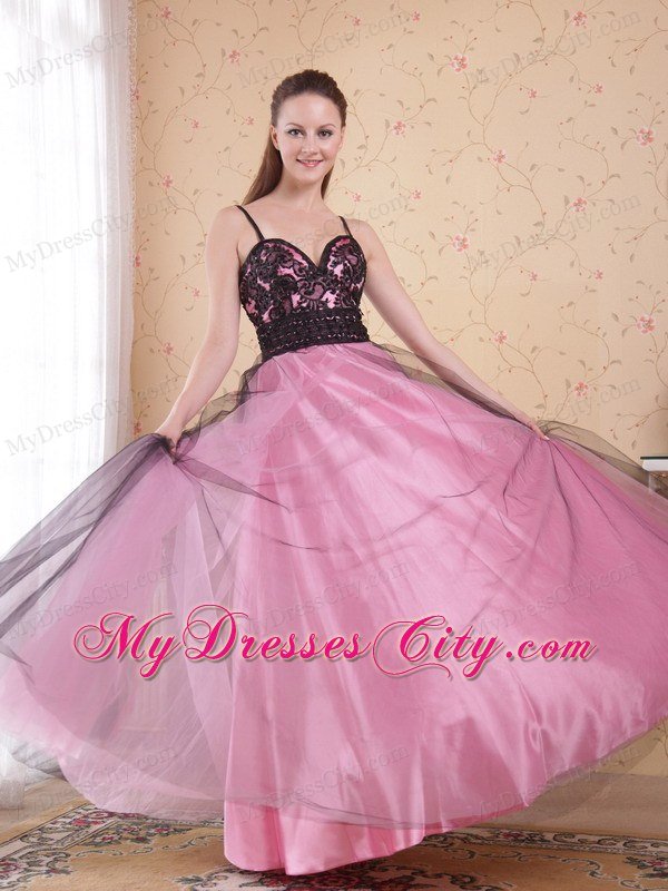 Rose Pink A-Line Spaghetti Straps Zipper Tulle Lace Prom Dress