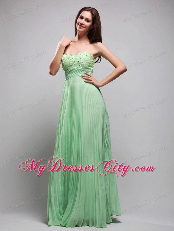 Apple Green Column Pleats Chiffon Beading Prom Dress