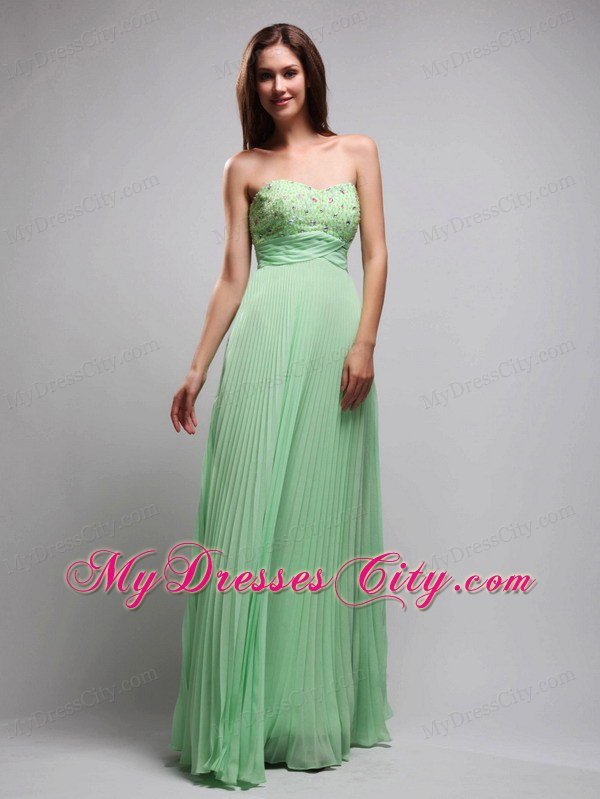 Apple Green Column Pleats Chiffon Beading Prom Dress