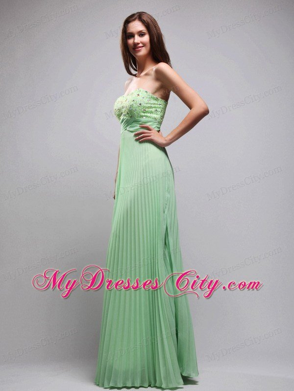 Apple Green Column Pleats Chiffon Beading Prom Dress