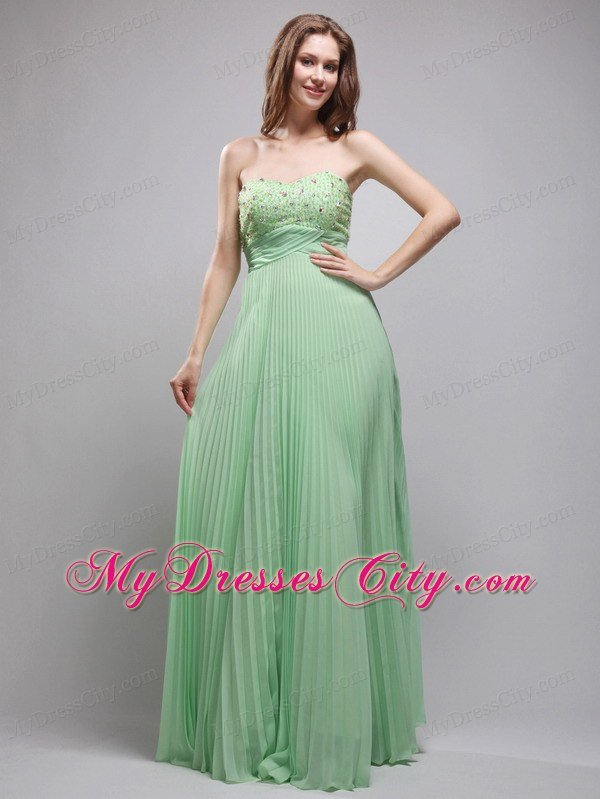 Apple Green Column Pleats Chiffon Beading Prom Dress