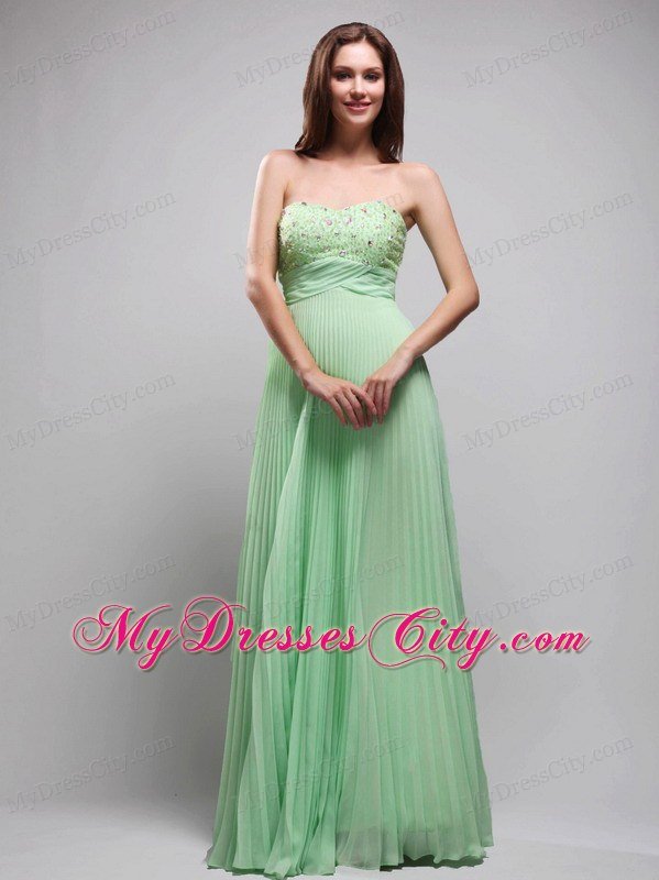 Apple Green Column Pleats Chiffon Beading Prom Dress