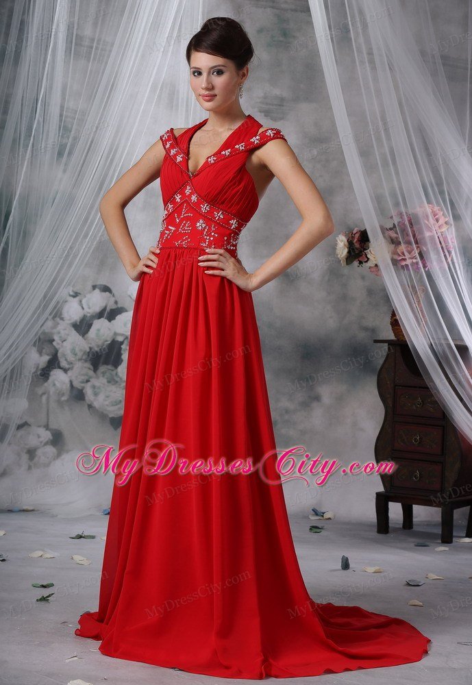 V-neck Beaded Decorate Waist Brush Train Red Chiffon Prom Dress