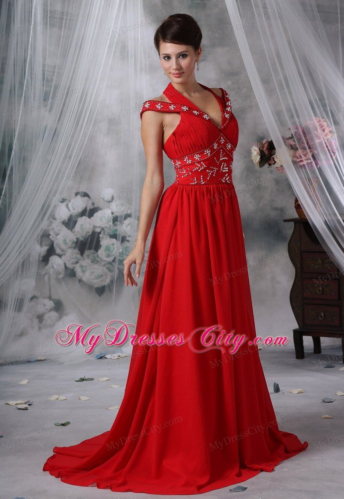 V-neck Beaded Decorate Waist Brush Train Red Chiffon Prom Dress