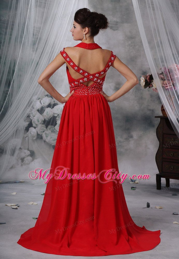 V-neck Beaded Decorate Waist Brush Train Red Chiffon Prom Dress