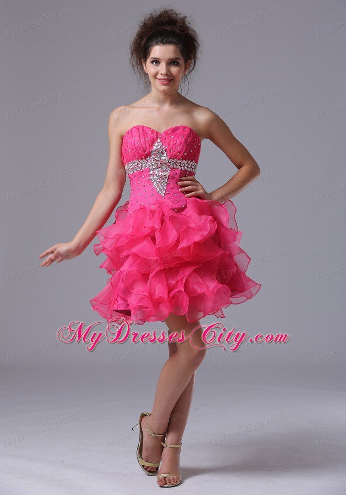 Sweetheart Mini-length Organza Beading Hot Pink Prom Dress