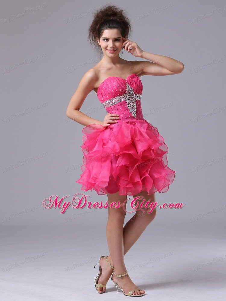 Sweetheart Mini-length Organza Beading Hot Pink Prom Dress