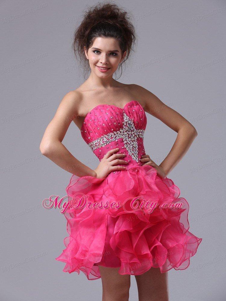 Sweetheart Mini-length Organza Beading Hot Pink Prom Dress