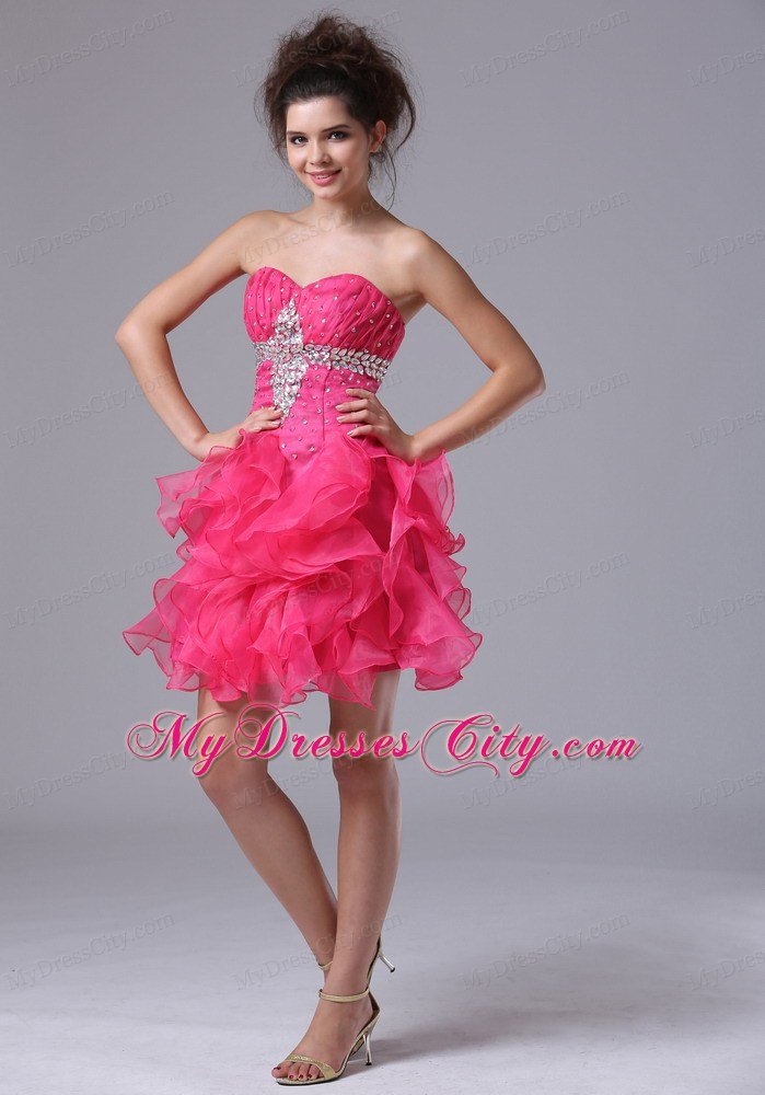 Sweetheart Mini-length Organza Beading Hot Pink Prom Dress