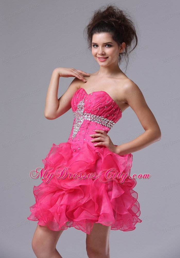 Sweetheart Mini-length Organza Beading Hot Pink Prom Dress