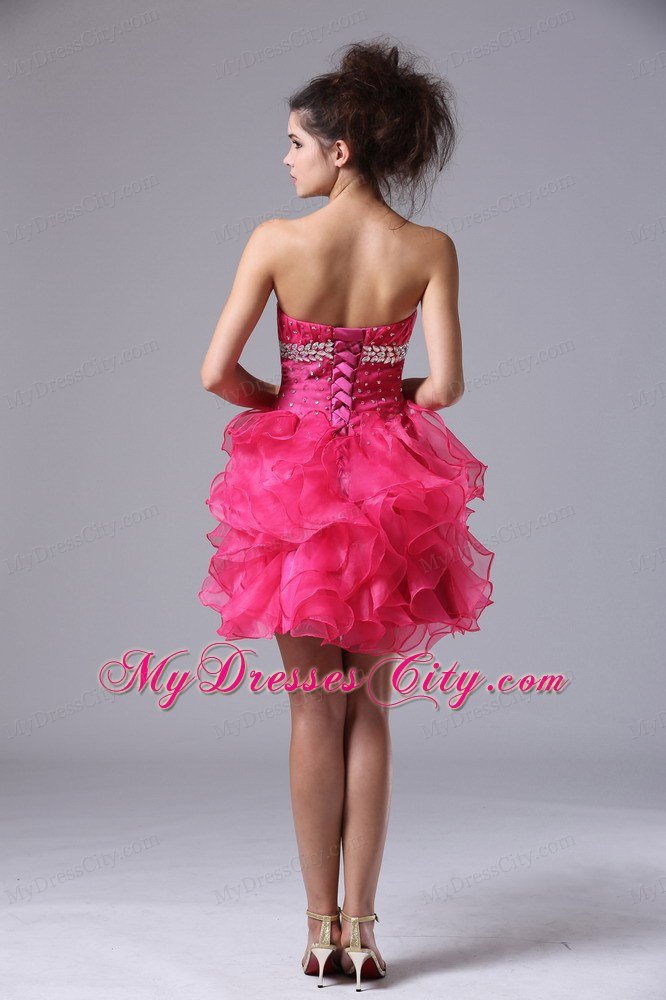 Sweetheart Mini-length Organza Beading Hot Pink Prom Dress