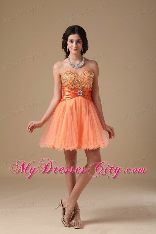 Orange A-line Sweetheart Mini-length Organza Beaded Prom Dress