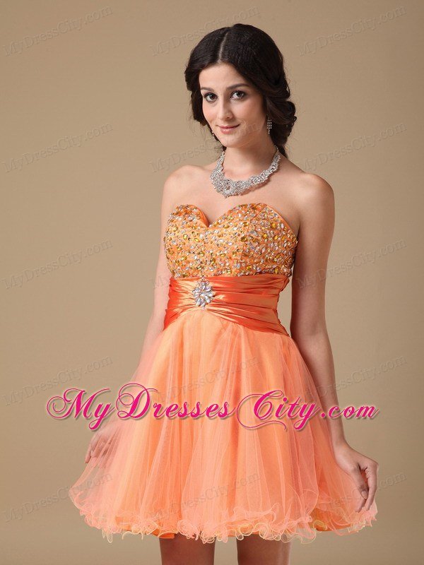 Orange A-line Sweetheart Mini-length Organza Beaded Prom Dress