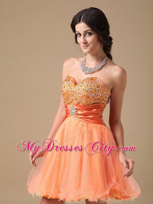 Orange A-line Sweetheart Mini-length Organza Beaded Prom Dress